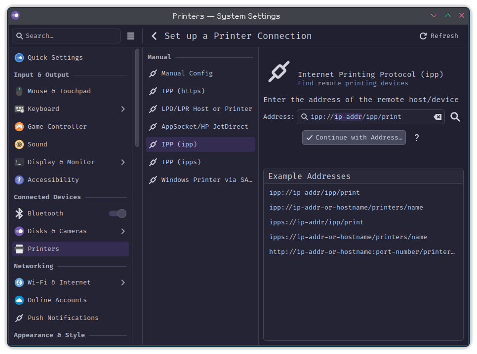 Linux Add Printer dialog showing IPP address setup