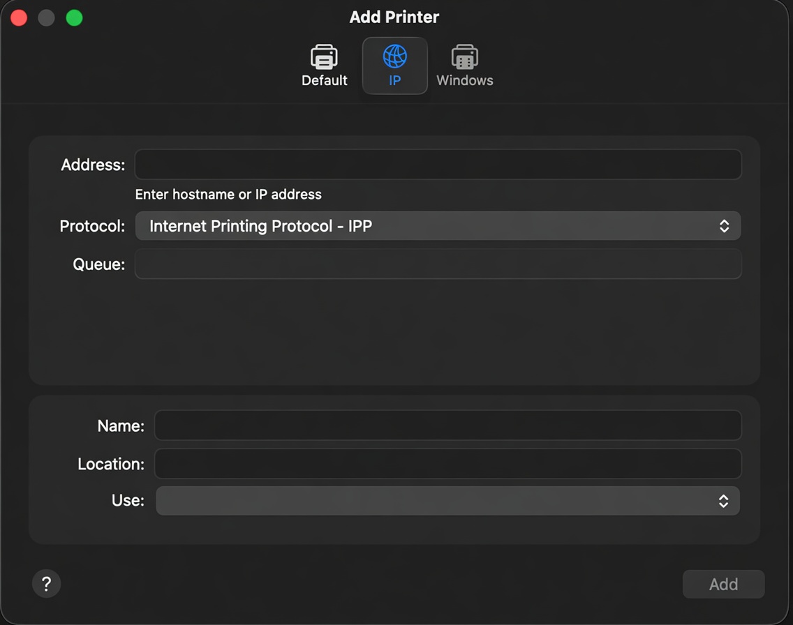 macOS Add Printer dialog showing IP address setup