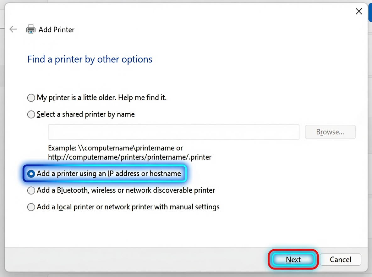 Windows Add Printer dialog, step 1 of IP setup
