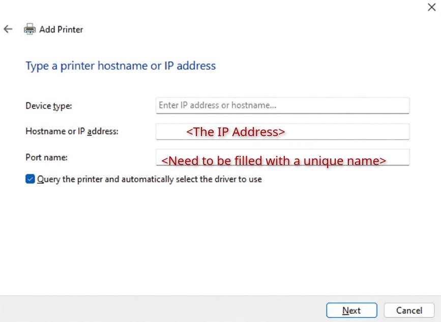 Windows Add Printer dialog, step 2 of IP setup